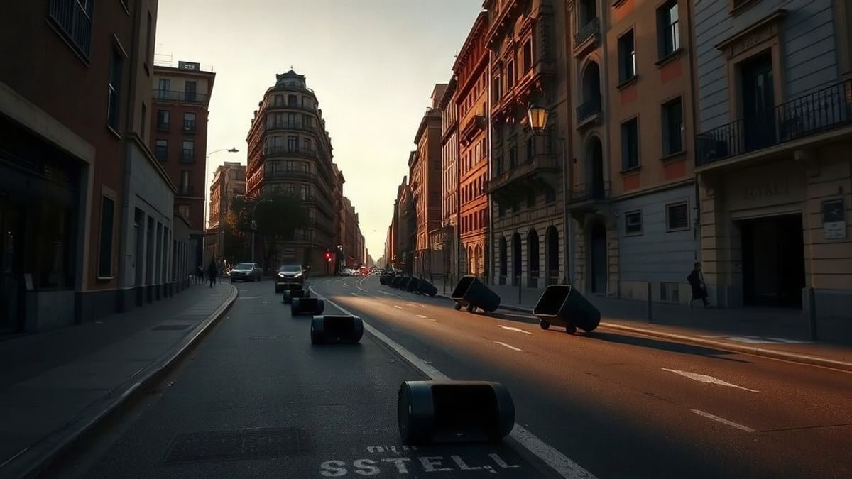Imagen ilustrativa: avenida urbana vacía al atardecer con contenedores volcados y humo lejano