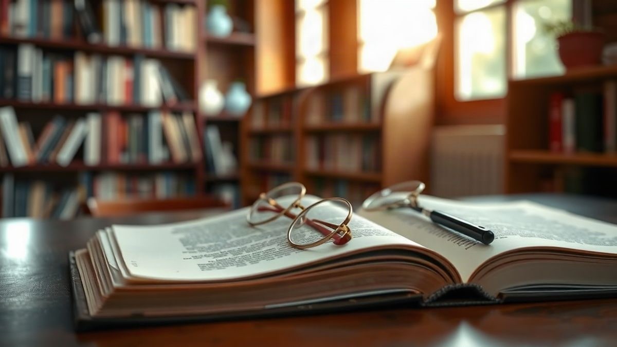 Illustrative image: an open book with glasses on a wooden table next to a window