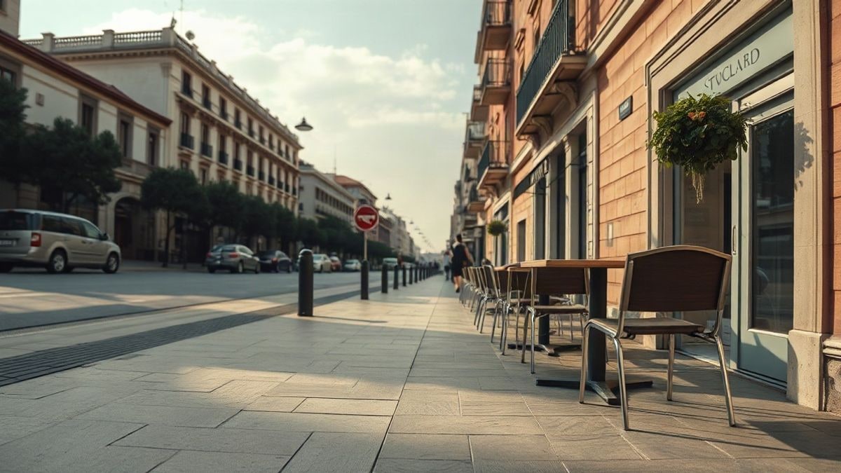 Imagen ilustrativa: mesas y sillas vacías en un paseo peatonal urbano bajo un cielo despejado