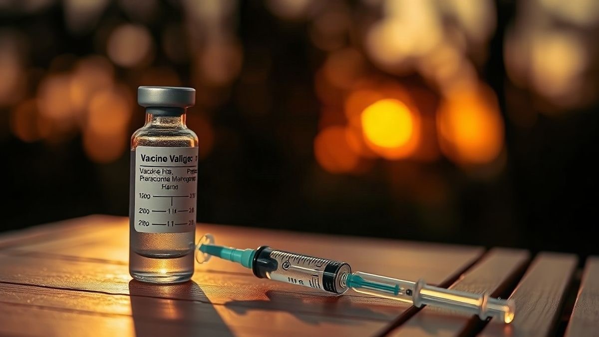 Illustrative image: a vial and a syringe on a wooden table at sunset, with long shadows