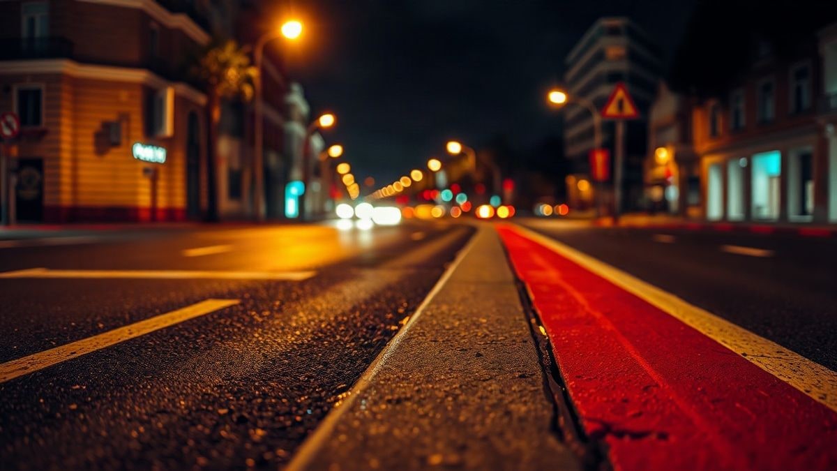 Illustrative image: an urban street at night illuminated by streetlights, with a red marked crossing on the wet asphalt