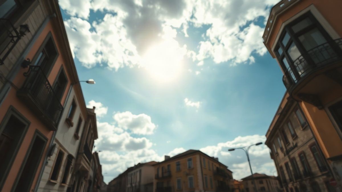Illustrative image: partially cloudy autumn sky seen from the ground, over a dry street with blurred facades in the background