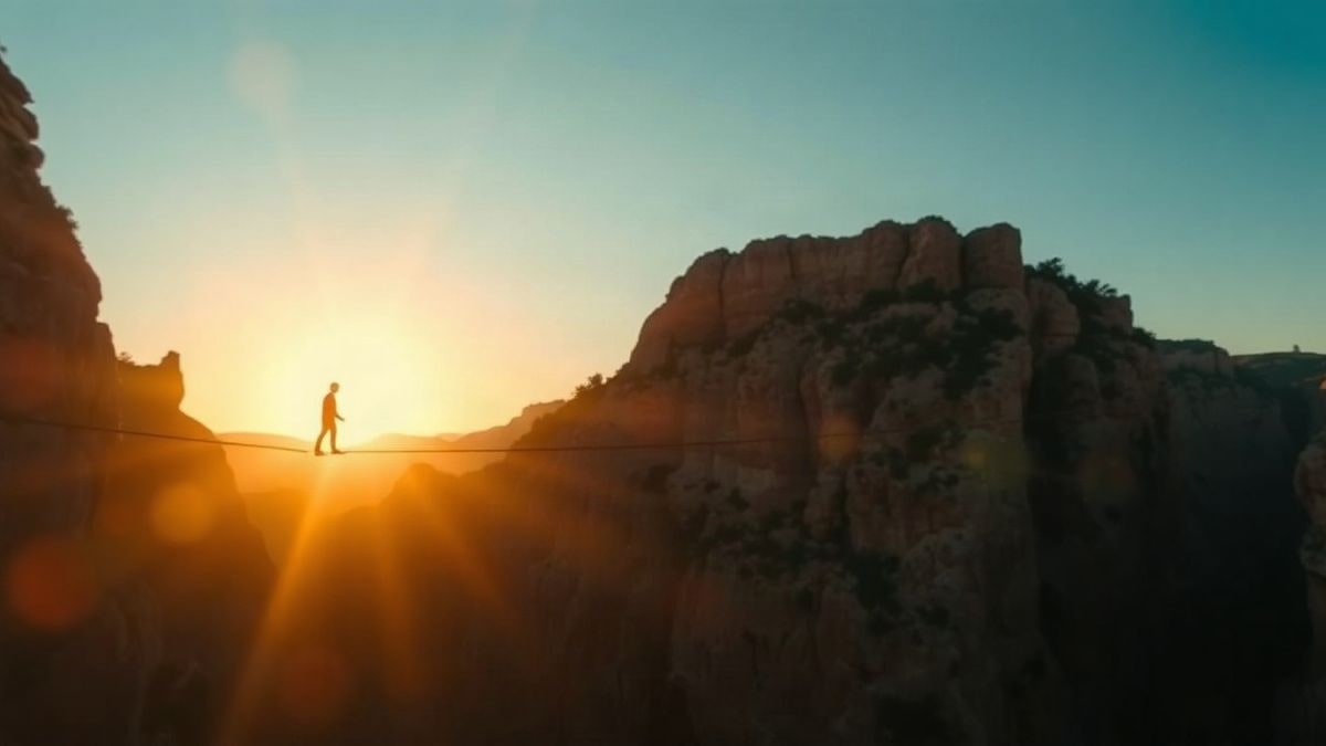 Imagen ilustrativa: línea de highline tensada sobre un desfiladero profundo al atardecer