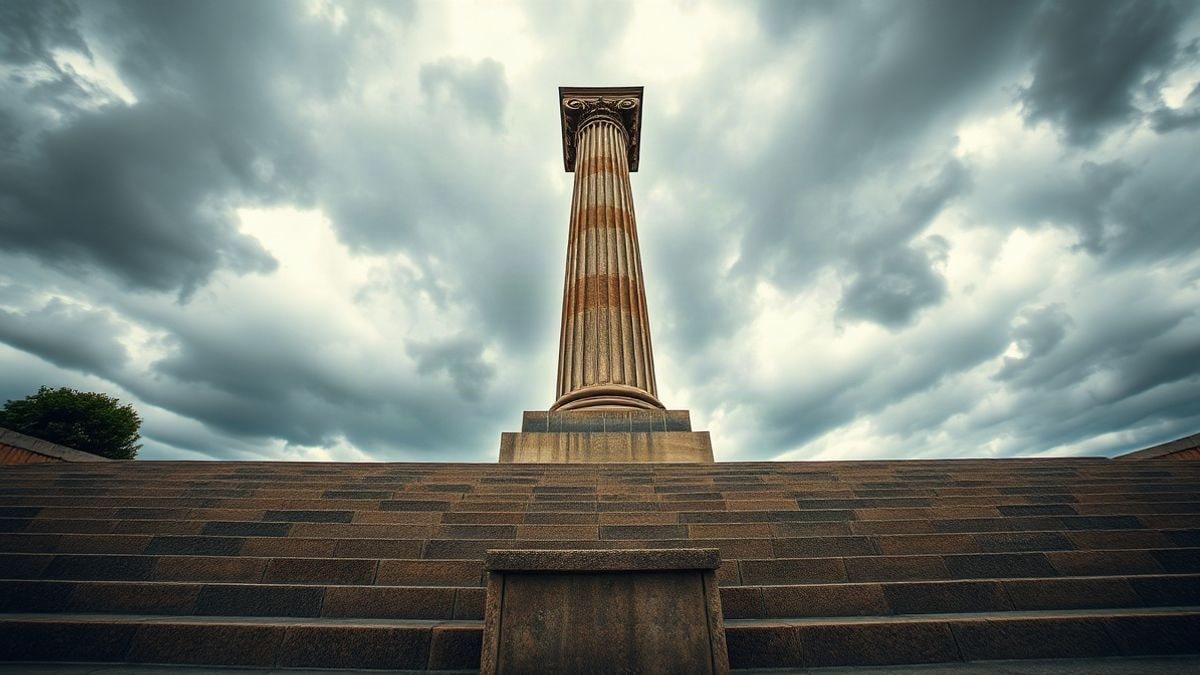 Illustrative image: neoclassical stone column viewed from the ground with a cloudy sky in the background