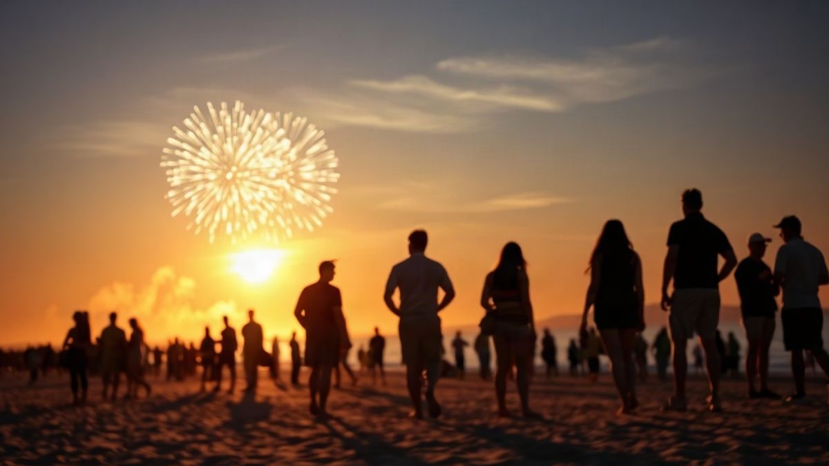 Imagen ilustrativa: siluetas de público en una playa al atardecer observando fuegos artificiales sobre el mar