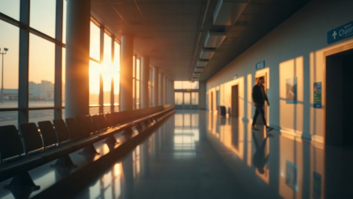 Imagen ilustrativa: pasillo de llegadas de un aeropuerto al amanecer con luz suave