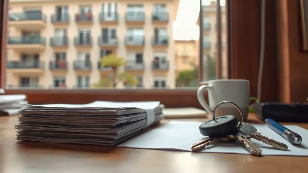 Imagen ilustrativa: recibos de impuestos y llaves sobre una mesa de madera junto a una ventana