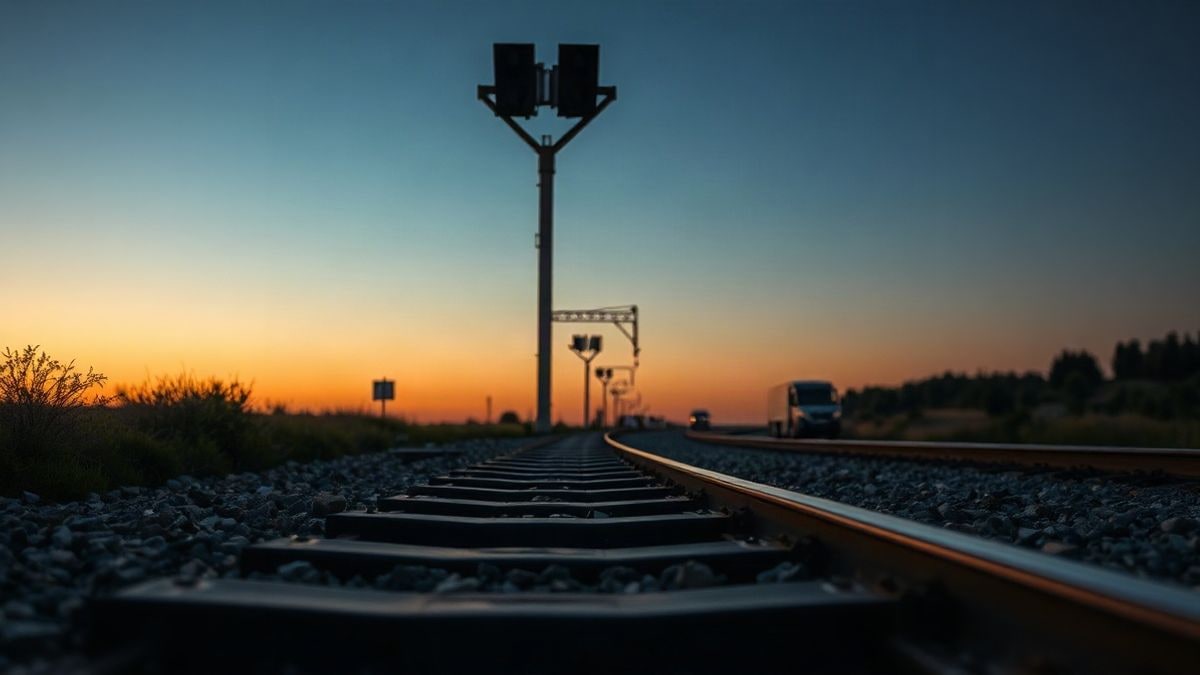 Imagen ilustrativa: vía de tren de acero que se pierde en el horizonte al atardecer, vista desde el suelo con cielo abierto