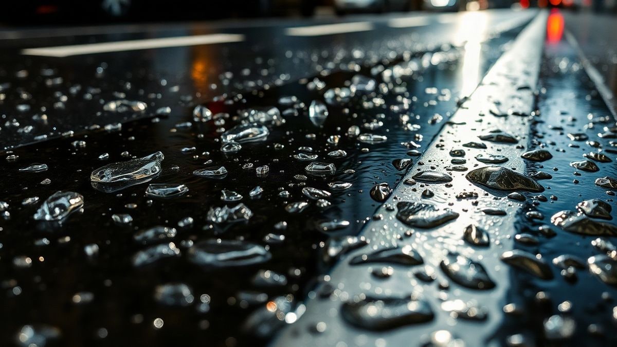 Imagen ilustrativa: detalle de asfalto mojado con gotas de agua y reflejos tras la lluvia