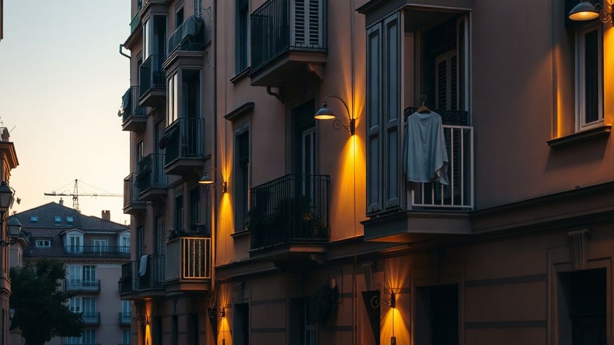 Imagen ilustrativa: fachadas de edificios restaurados en una calle estrecha al atardecer con farolas encendidas