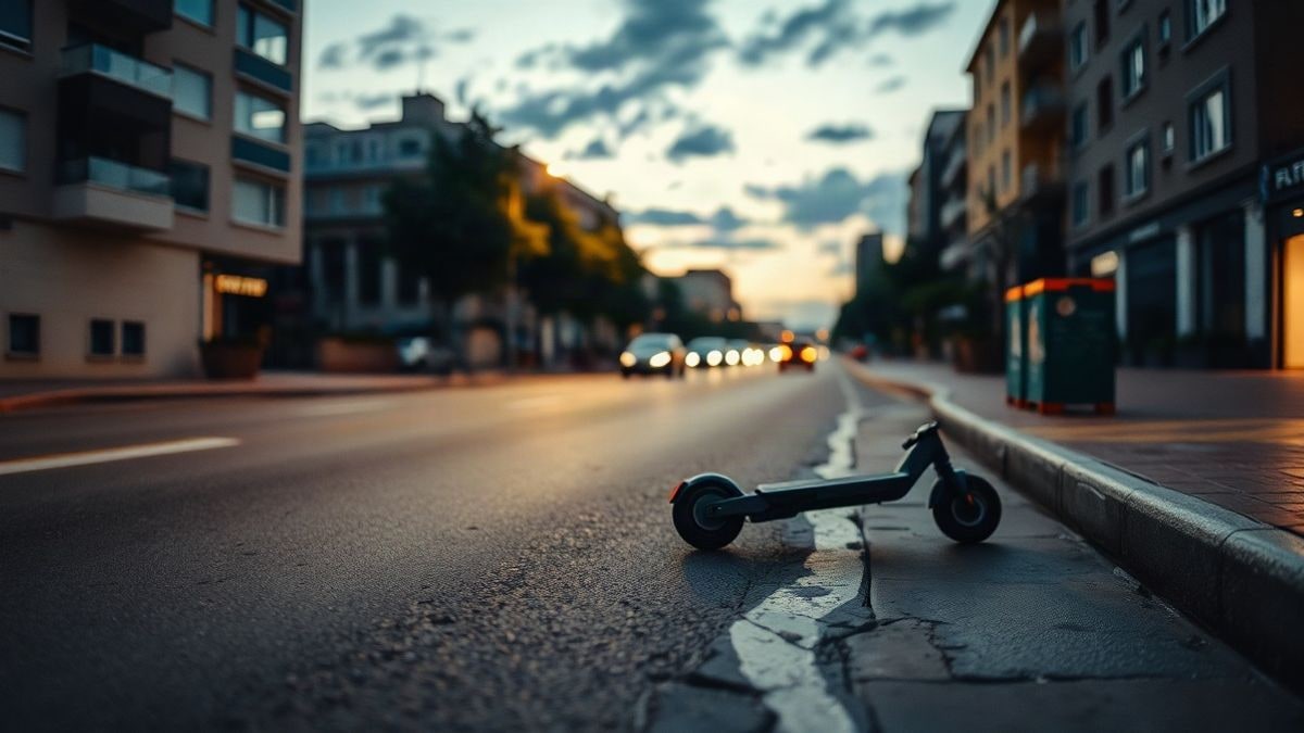 Imagen ilustrativa: calle urbana vacía vista a ras de suelo, con un patinete eléctrico en la acera y cielo de atardecer de fondo