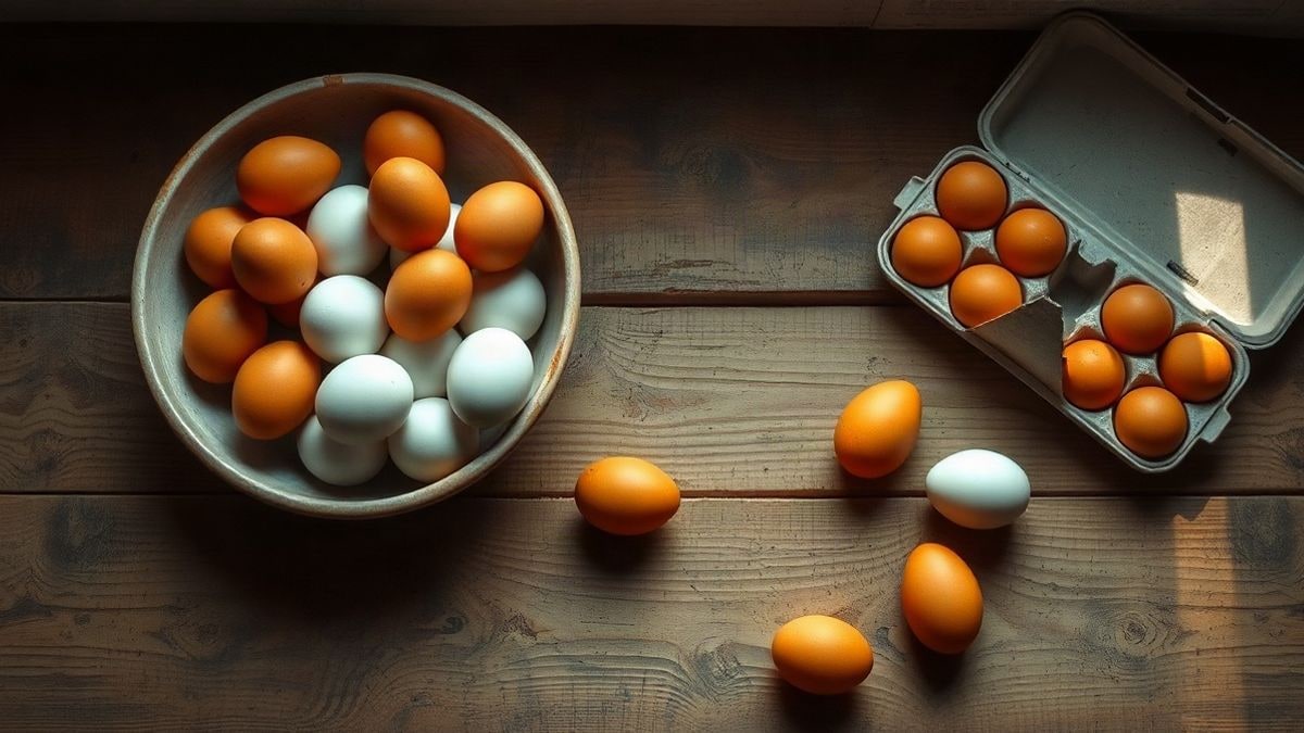 Imagen ilustrativa: vista cenital de una mesa de madera con un bol de huevos frescos y un cartón de huevos