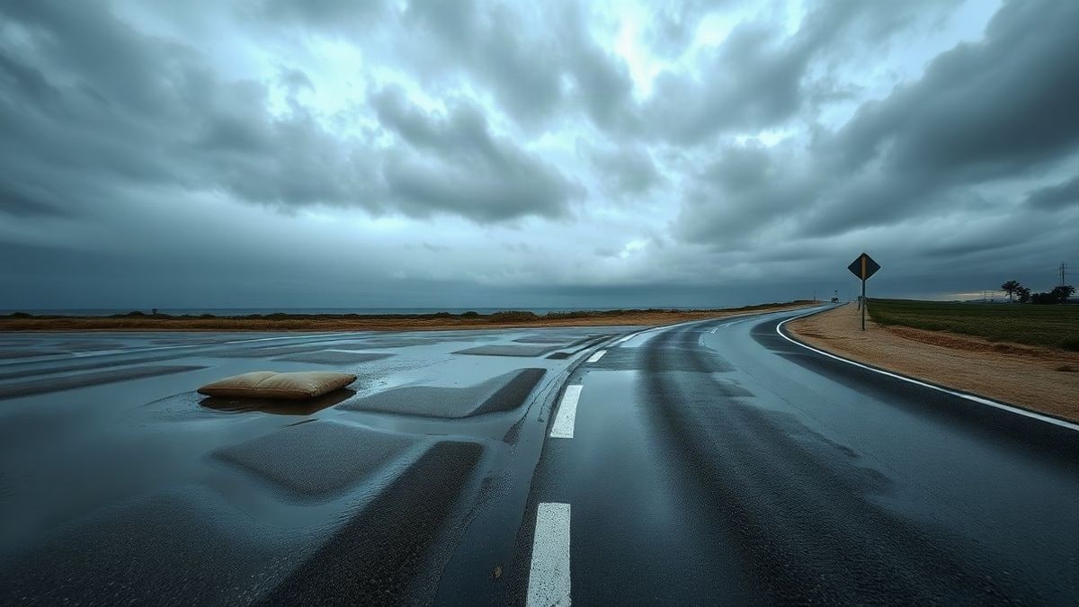 Illustrative image: empty coastal road with puddles after rain, at sunset