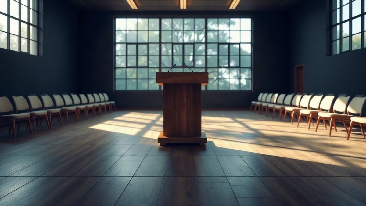 Imagen ilustrativa: sala de prensa vacía con un atril de madera y sillas desenfocadas al fondo