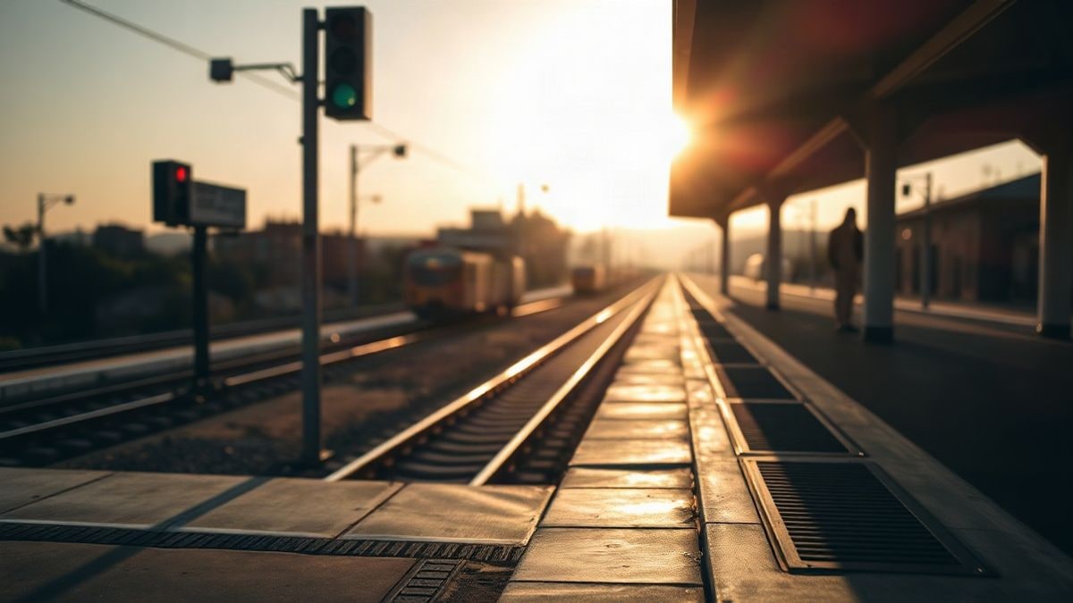 Imagen ilustrativa: andén de tren vacío al amanecer con vías desenfocadas al fondo