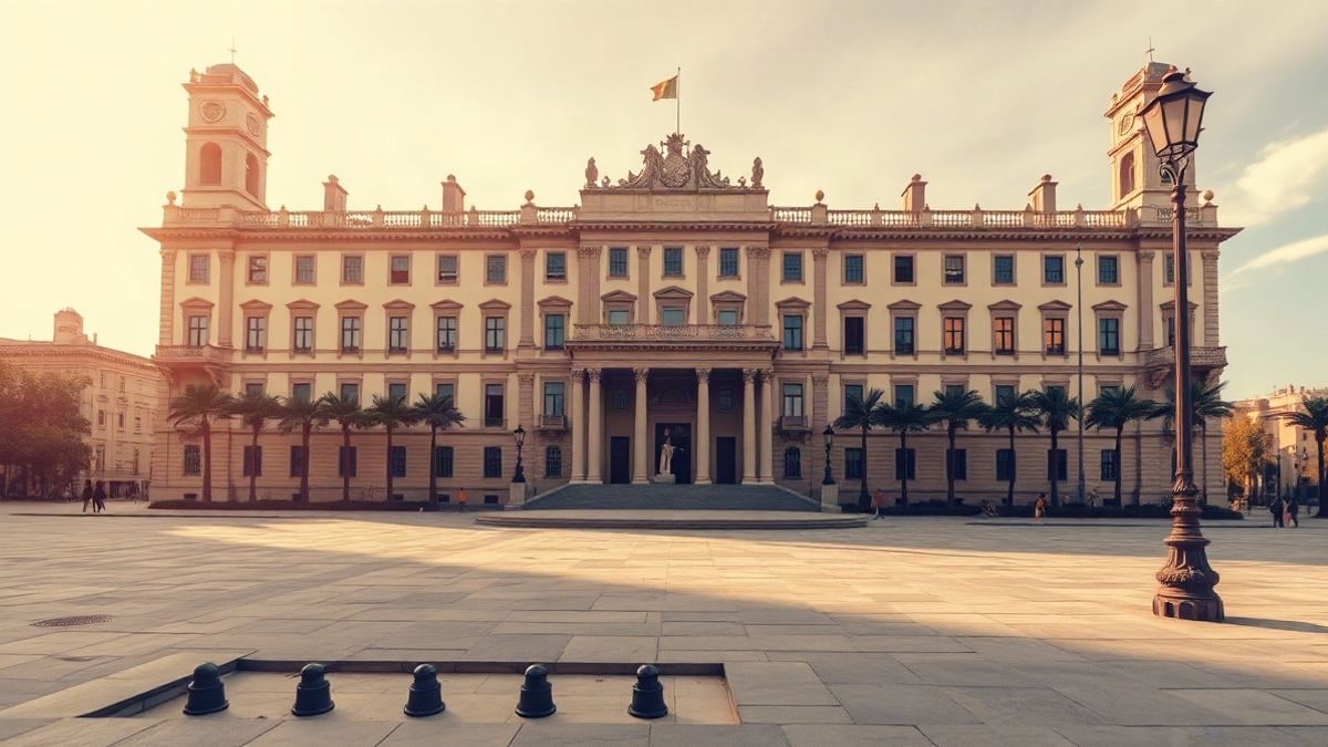 Imagen ilustrativa: fachada de un edificio institucional con una plaza vacía y una figura lejana