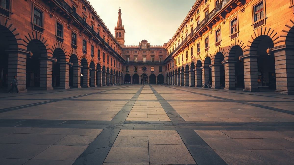 Illustrative image: an empty stone square at sunset, with lines of arcades converging towards a building in the background