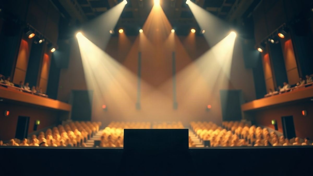 Illustrative image: empty podium on a stage with lights and lines converging towards the center
