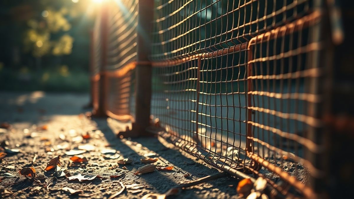 Imagen ilustrativa: detalle de vallas de madera y malla metálica oxidada en el borde de un bosque al atardecer