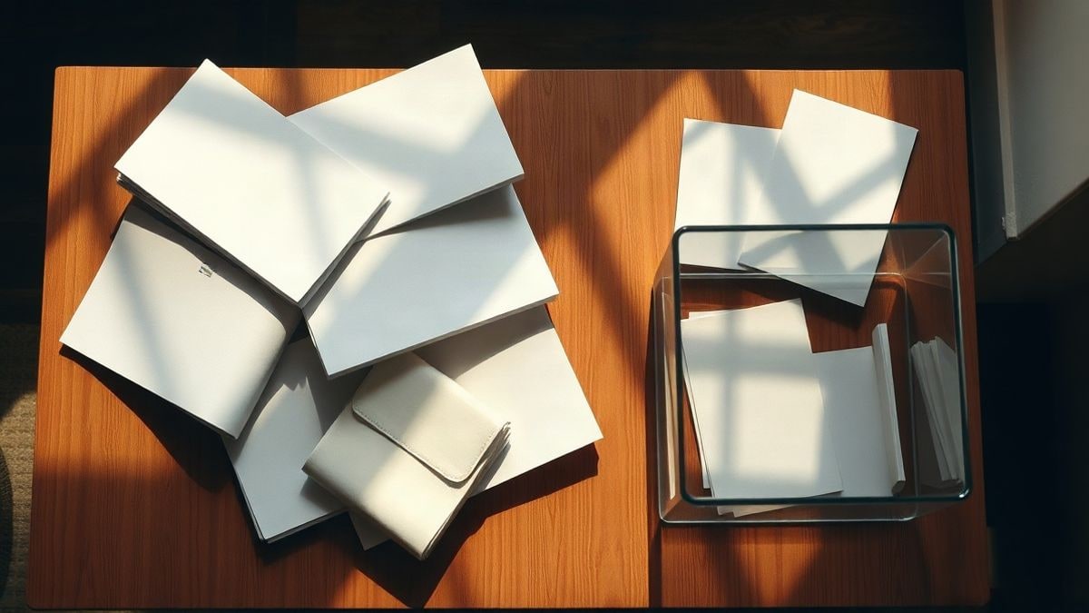 Illustrative image: wooden table with blank ballots and a transparent ballot box viewed from above