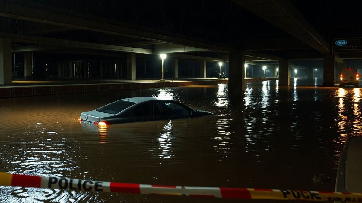 Imagen ilustrativa: paso subterráneo inundado de noche con un vehículo sumergido y luces de emergencia