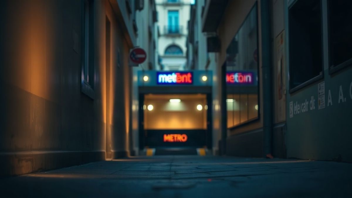 Imagen ilustrativa: calle urbana estrecha al atardecer con entrada de metro desenfocada al fondo