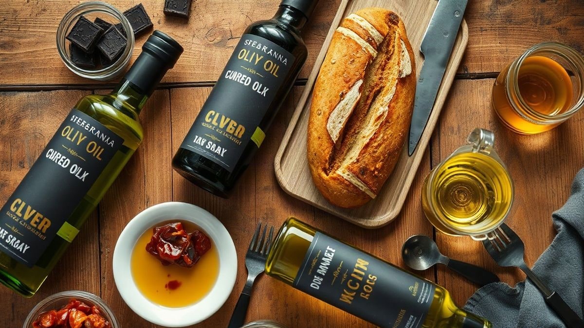 Illustrative image: wooden table viewed from above with oil, artisan bread, cold cuts and preserves under natural light
