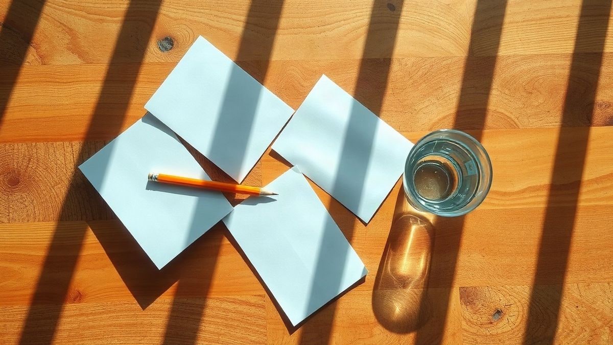 Imagen ilustrativa: mesa de madera vista desde arriba con papeletas dobladas en blanco y un lápiz junto a un vaso de agua