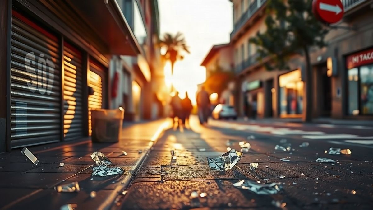 Illustrative image: shop window with shutter down and broken glass on the ground, backlit at sunset with long shadows