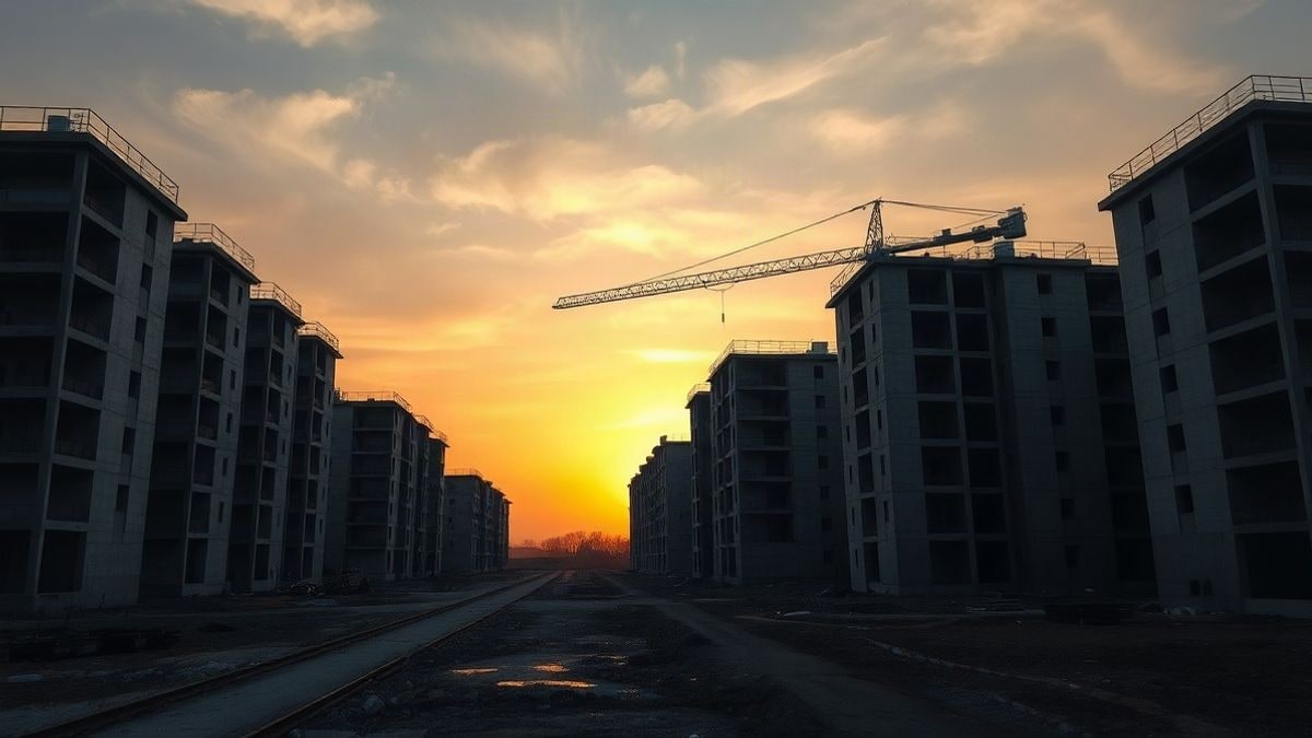 Imagen ilustrativa: grúa y bloques de viviendas en construcción al atardecer