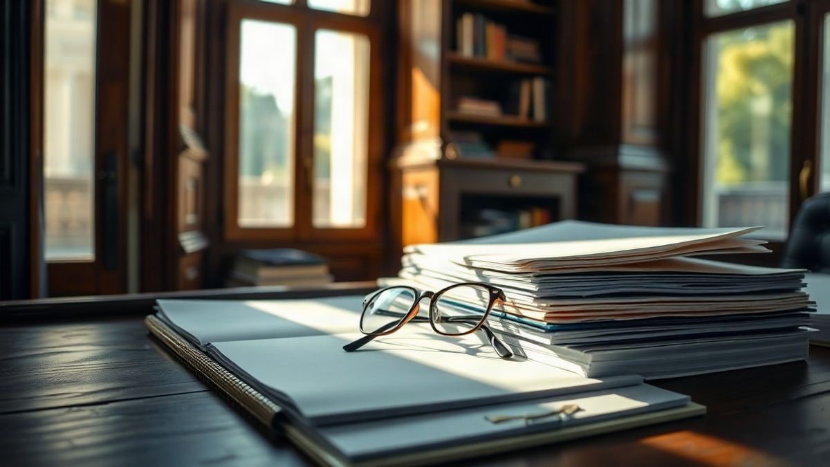 Imagen ilustrativa: escena de interior con documentos apilados sobre una mesa de madera iluminada por una ventana lateral