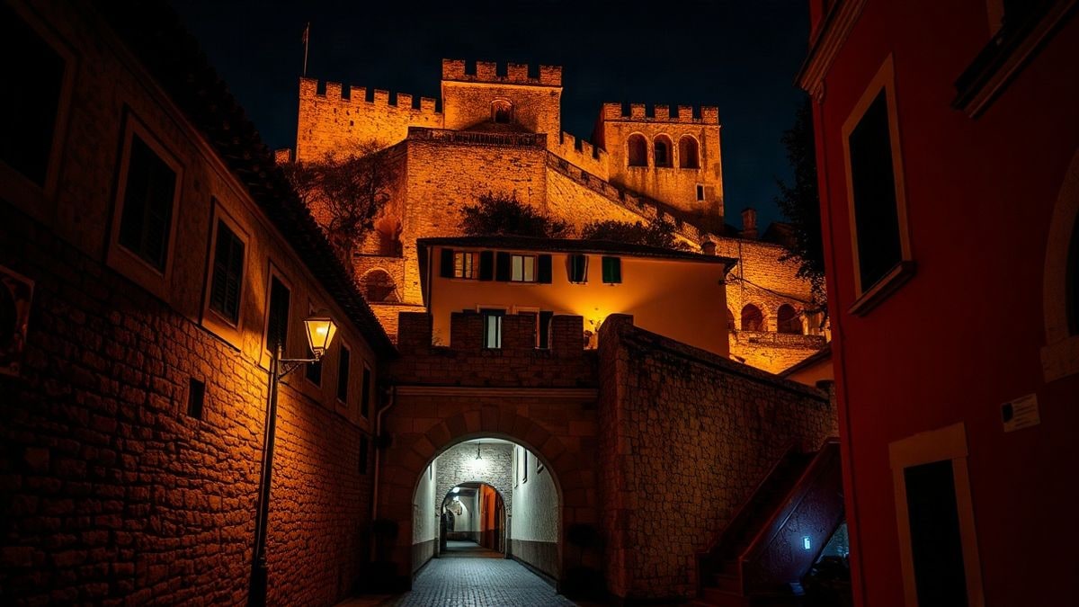 Imagen ilustrativa: callejón medieval iluminado por farolas en un pueblo amurallado de noche