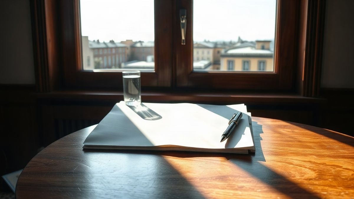 Imagen ilustrativa: una mesa de madera junto a una ventana con luz lateral, una carpeta cerrada y una pluma estilográfica