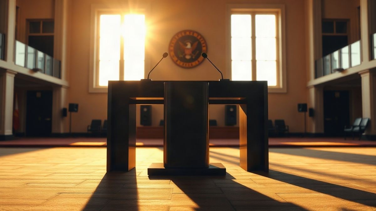 Imagen ilustrativa: atril vacío en una sala parlamentaria con contraluz al atardecer