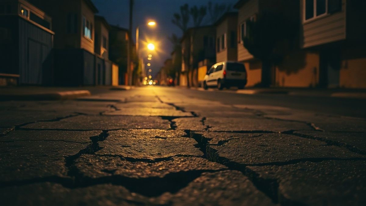 Illustrative image: cracked pavement at night under a streetlight in a residential area