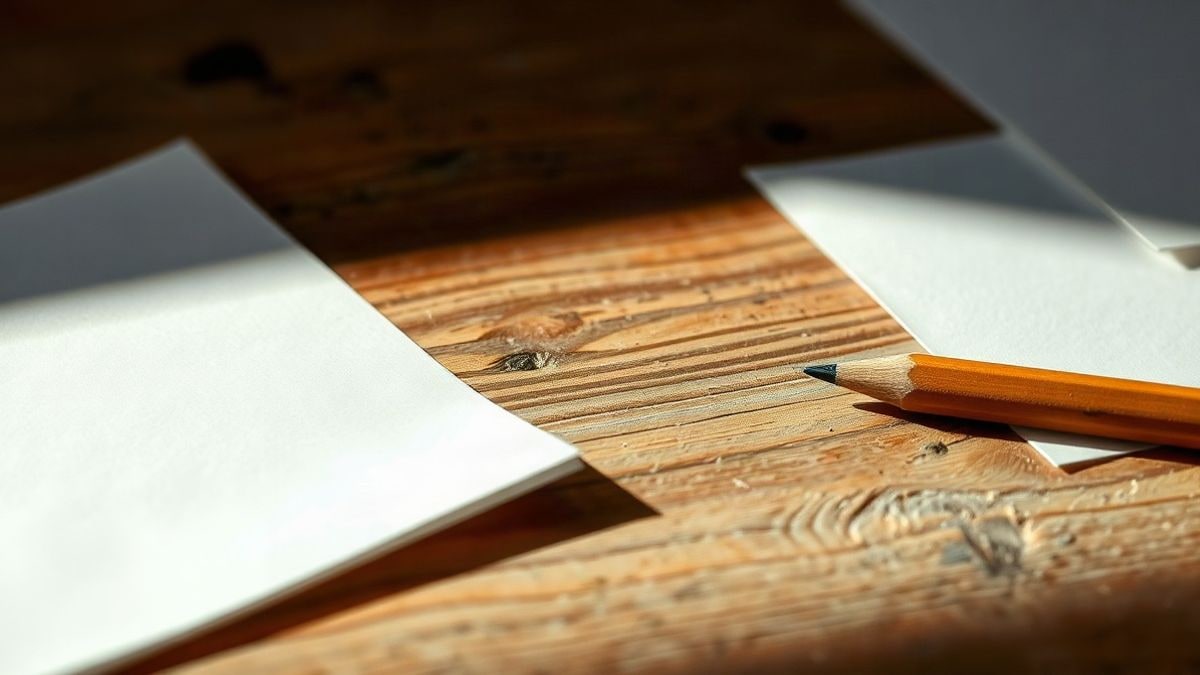 Illustrative image: close-up of a wooden table with blank sheets and a worn pencil under natural light