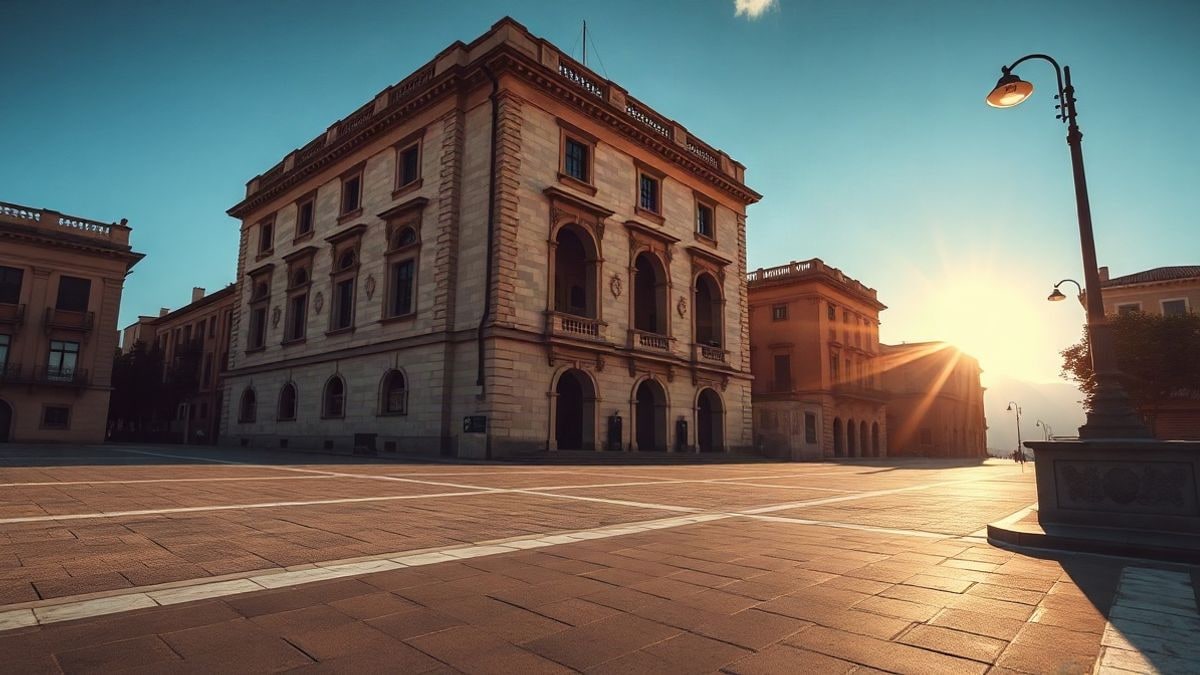 Imagen ilustrativa: fachada de un edificio institucional de piedra al atardecer, con sombras largas sobre una plaza vacía