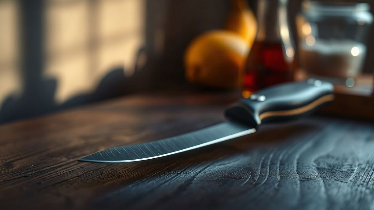 Imagen ilustrativa: primer plano macro de un cuchillo sobre una superficie oscura