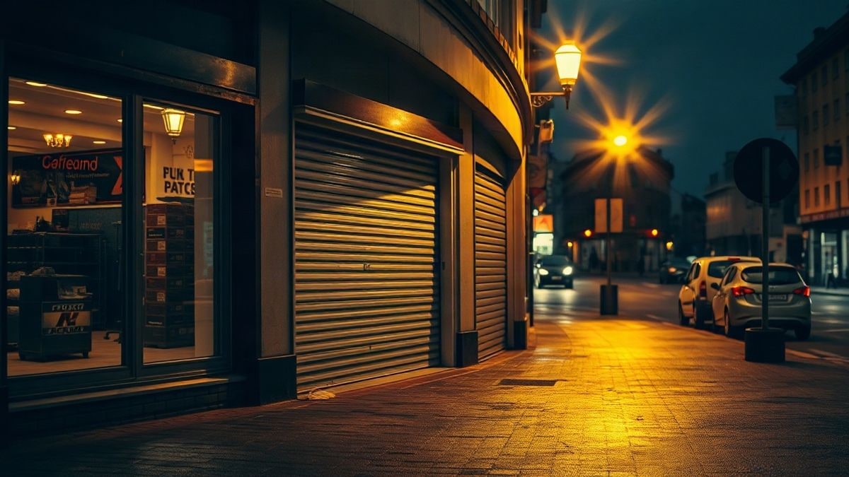 Illustrative image: facade of an empty commercial premises on a street lit by streetlights and shop window light at night.