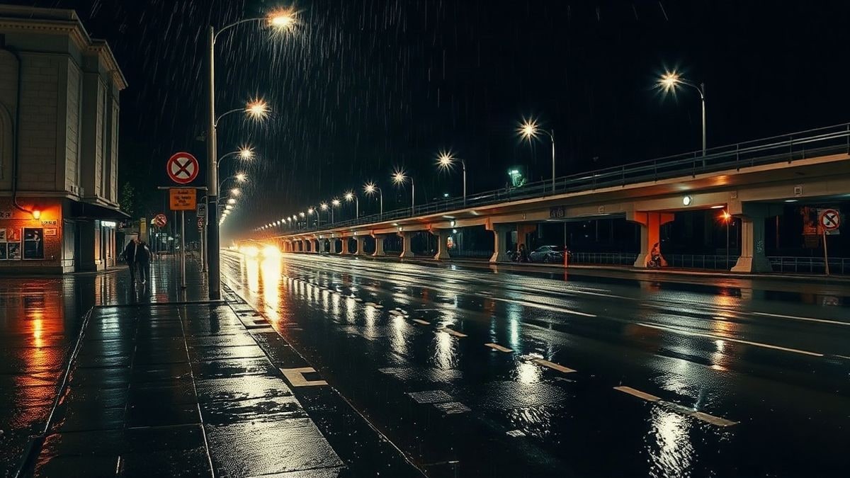 Imagen ilustrativa: paso subterráneo inundado de noche bajo la lluvia con luz artificial