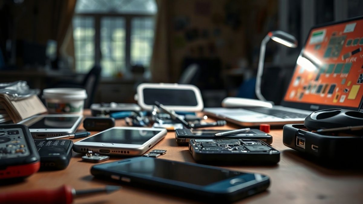 Imagen ilustrativa: banco de trabajo con teléfonos desmontados, tarjetas SIM y herramientas en una habitación con luz tenue