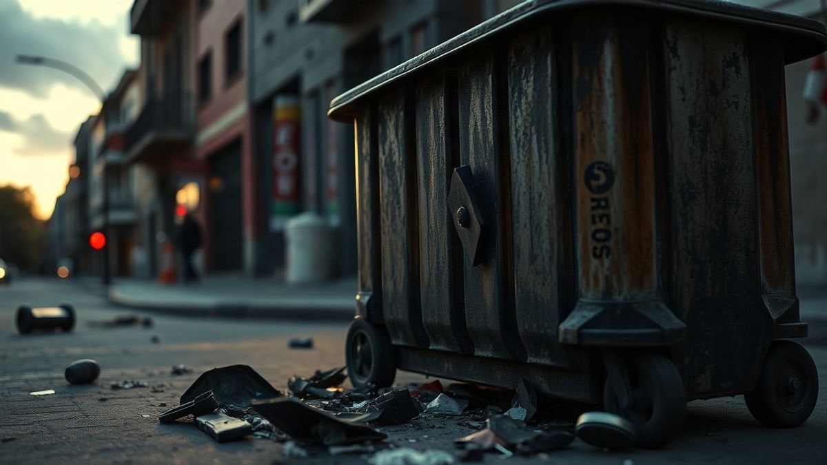 Imagen ilustrativa: contenedor metálico quemado en una calle urbana al atardecer, con restos esparcidos por el suelo