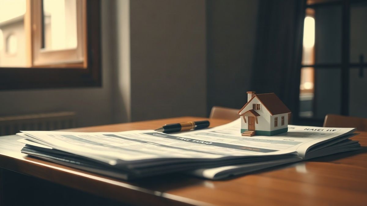 Illustrative image: tax documents and a housing model on a table by a window