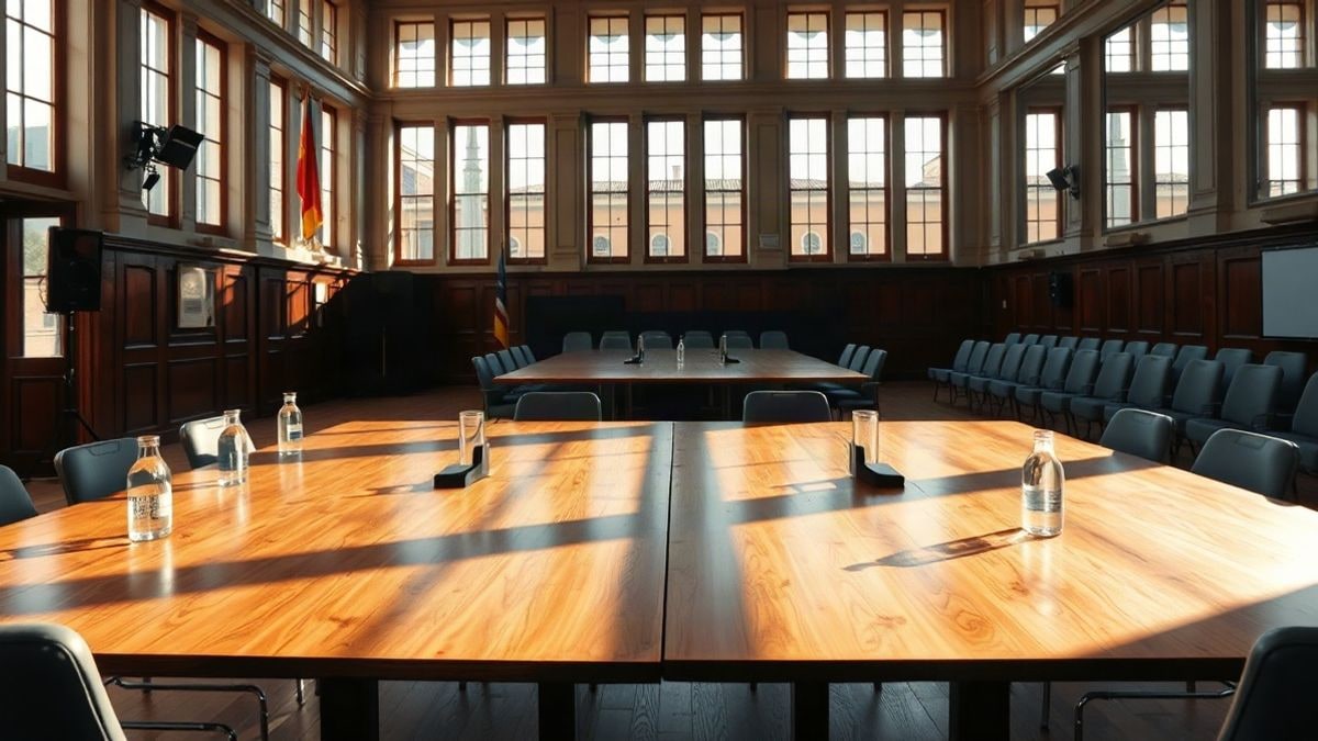 Illustrative image: empty meeting room with a large table and microphones in a stately building