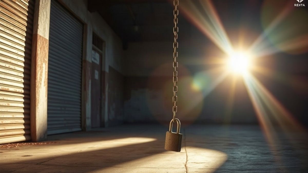 Illustrative image: rusty metal door of an old industrial warehouse with a padlock, illuminated by sunset light