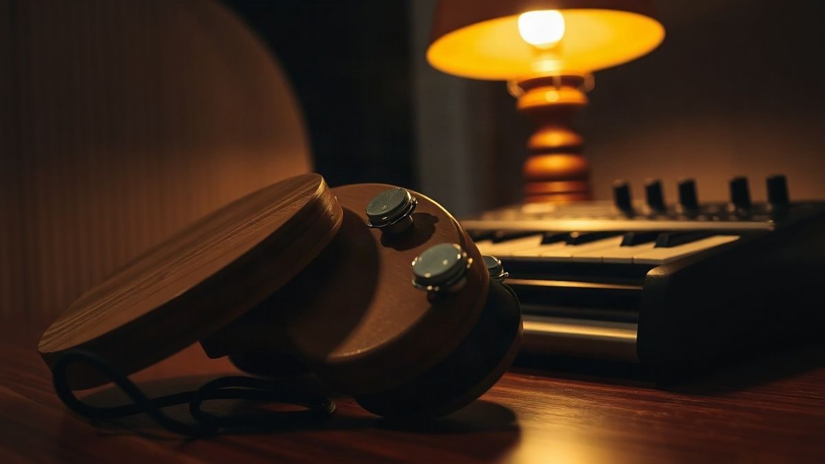 Imagen ilustrativa: instrumentos tradicionales y un sintetizador sobre una mesa con luz cálida nocturna