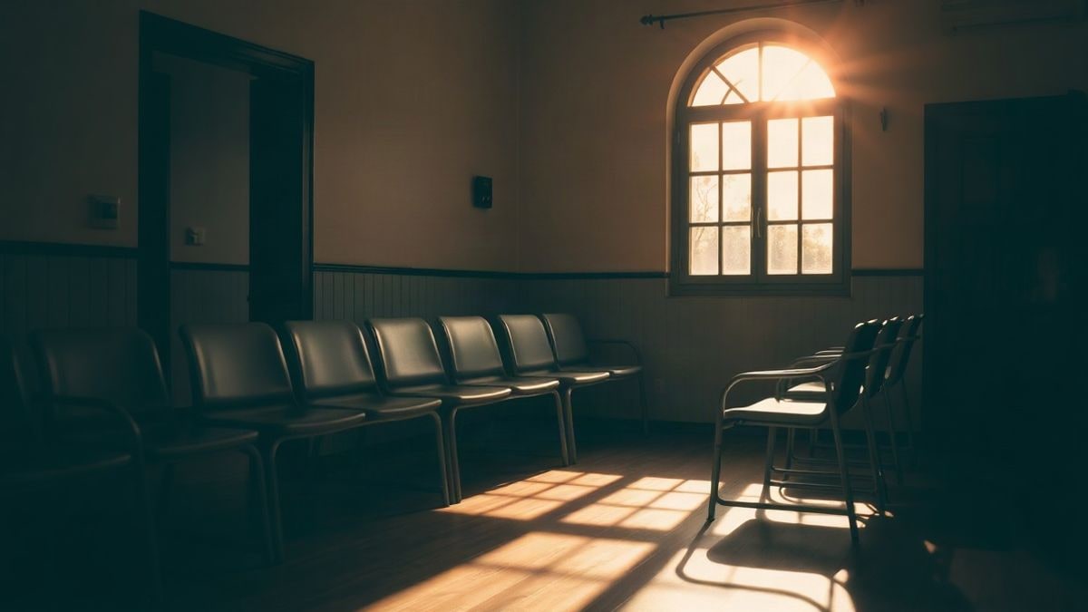 Imagen ilustrativa: sala de espera de residencia de ancianos vacía con luz de atardecer y sombras largas