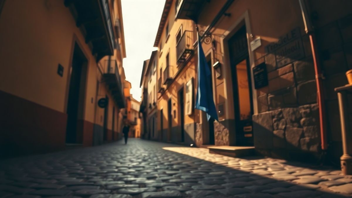 Illustrative image: narrow cobbled street in an urban old town at sunset, viewed from the ground