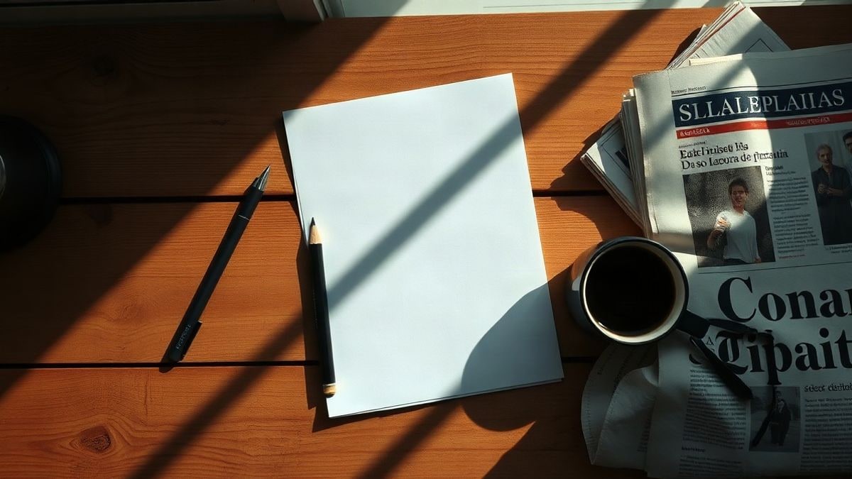 Imagen ilustrativa: mesa de madera vista desde arriba con un formulario en blanco, un lápiz y un periódico doblado