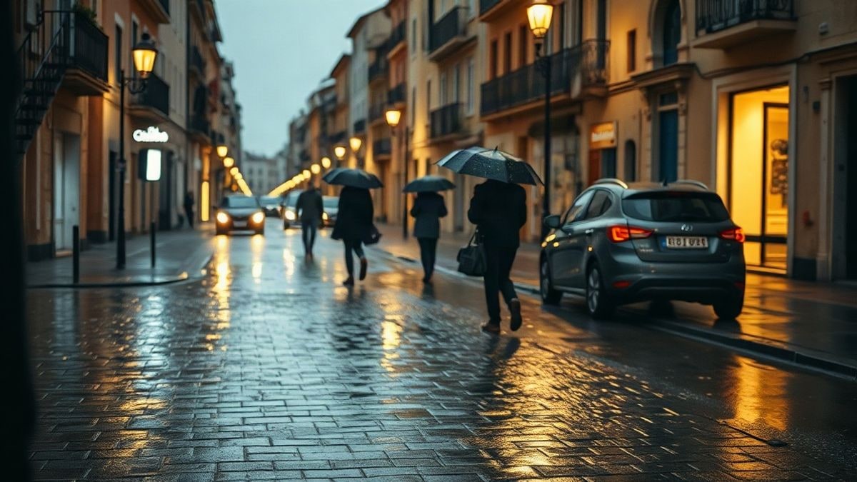 Illustrative image: urban street wet from rain at dusk with streetlights on
